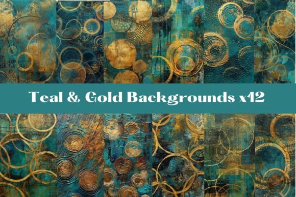 Teal and Gold Textured Backgrounds X12